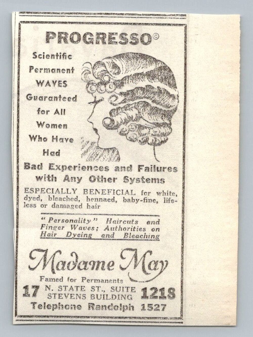 1933 Chicago Madame May Progresso Permanent Waves Flapper Hair Salon Ad Ephemera